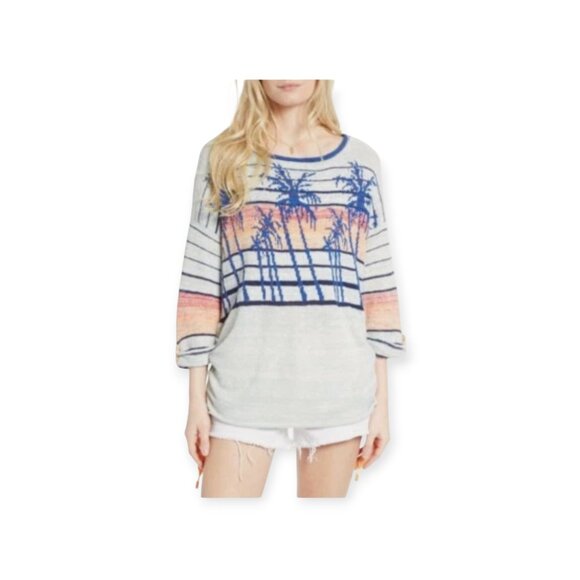 Free People Palm Tree Breeze Knit Ruched Sweater XS Pale Grey Blue Orange Top - Picture 5 of 16